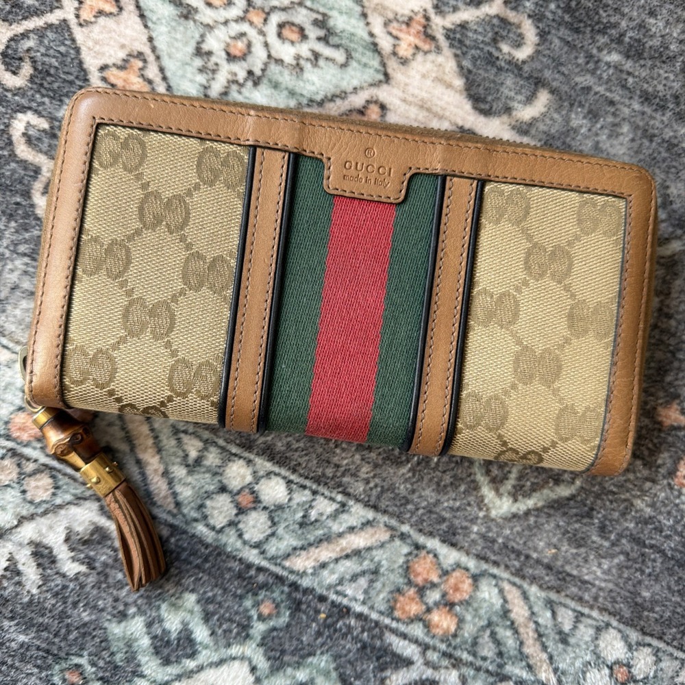 Gucci GG Supreme Monogram Web Ophidia Zip Around Wallet Brown Authentic bamboo - Picture 1 of 16